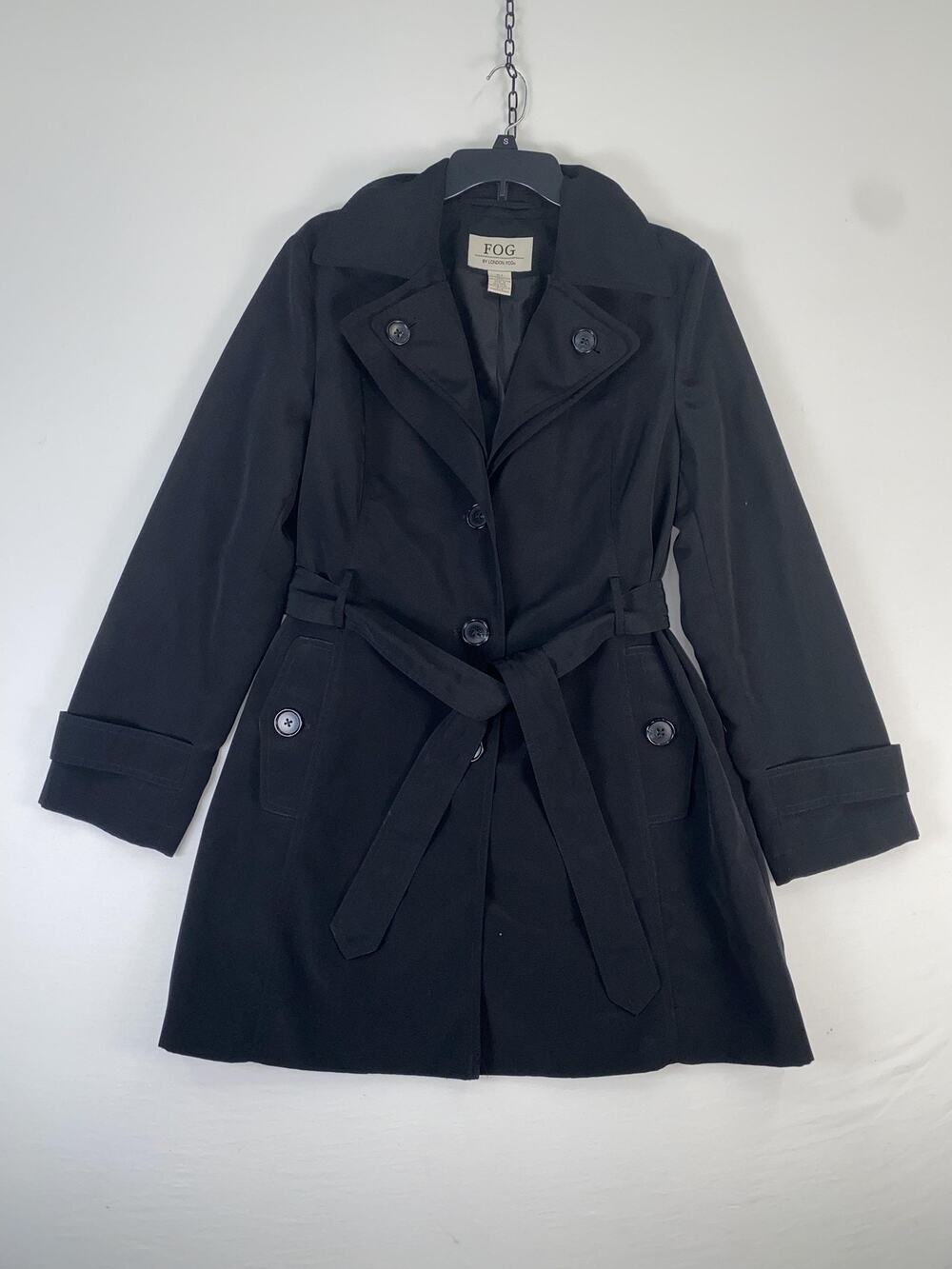 FOG By London Fog Coat Womens Large Black Belted Button Trench Classic Lined